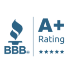 BBB A+ rating logo with blue torch icon and five stars on white background