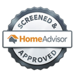 Screened and approved HomeAdvisor badge logo with gray seal and orange house icon