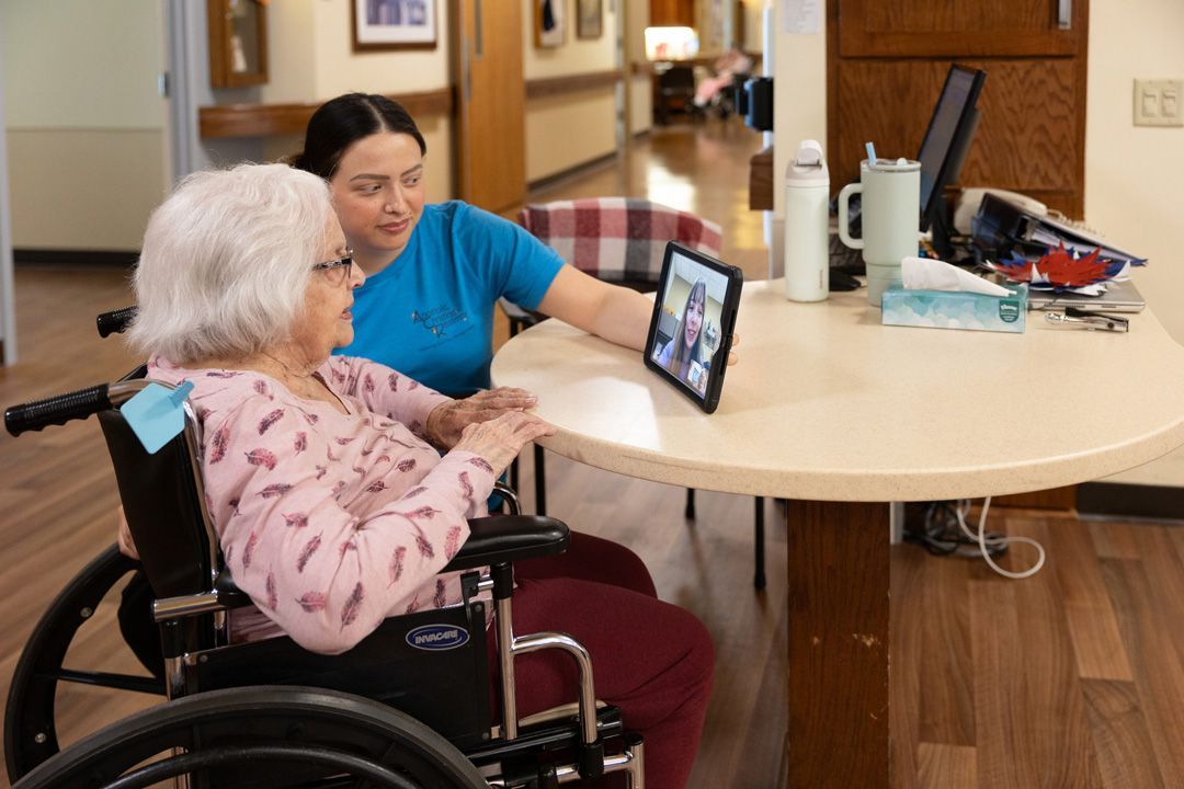 An elderly woman in a wheelchair is sitting at a table with a nurse.