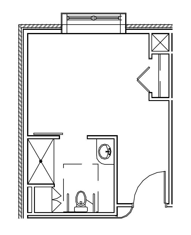 A black and white floor plan of a room with a clock on the wall.