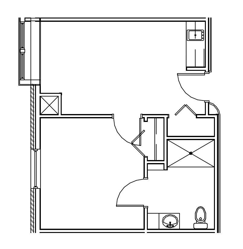 A black and white floor plan of a small apartment.