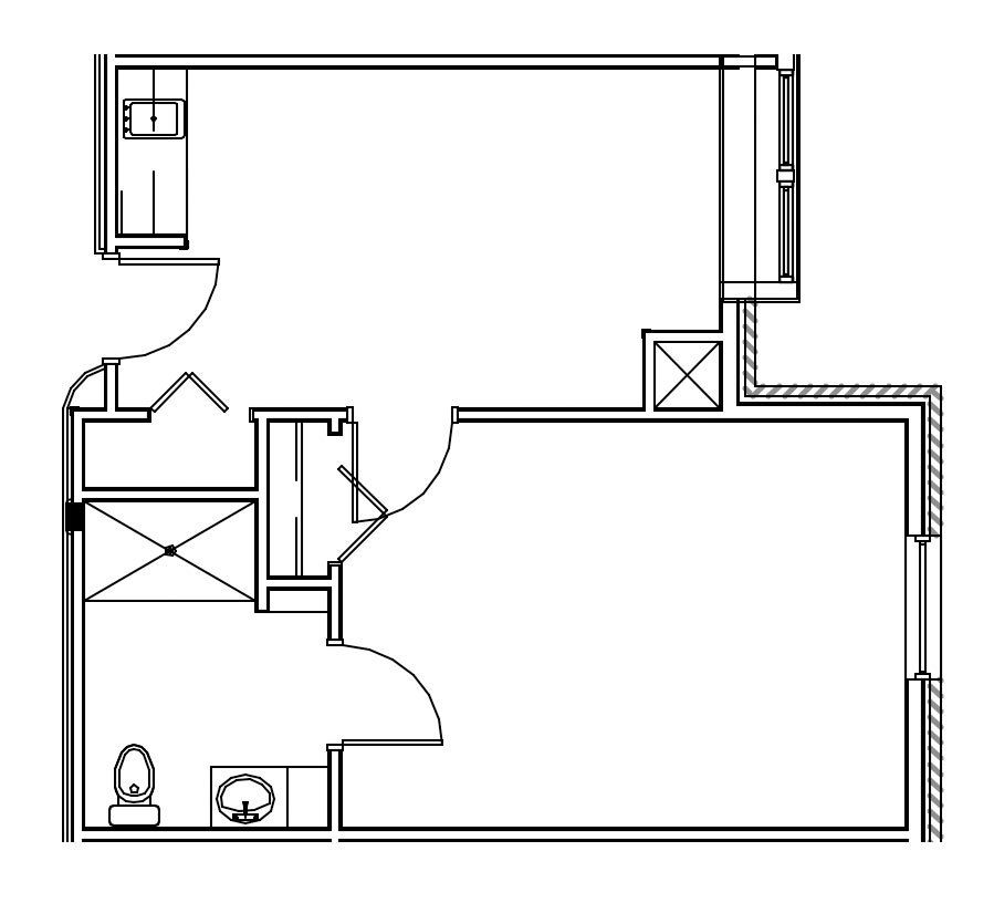 A black and white floor plan of a room with a bathroom and a window.