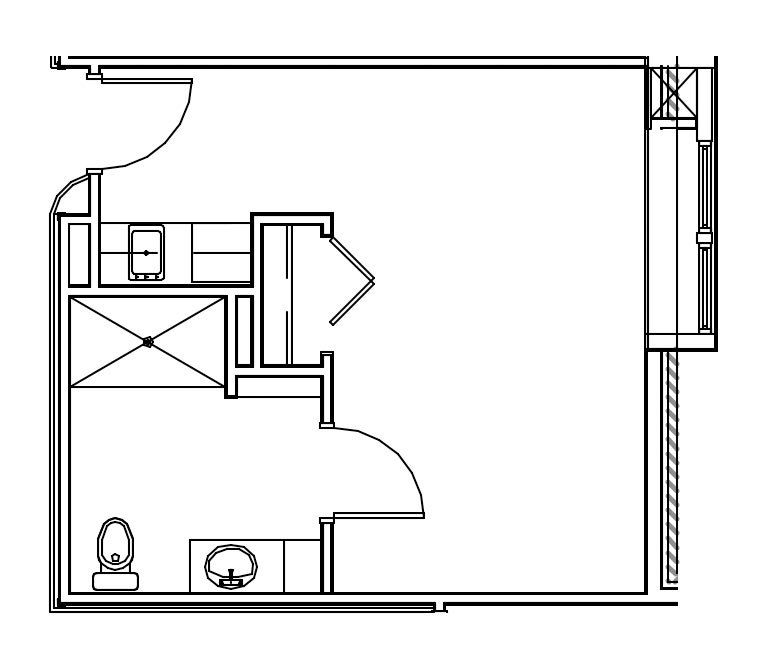 A black and white floor plan of a room with a toilet , sink , and window.