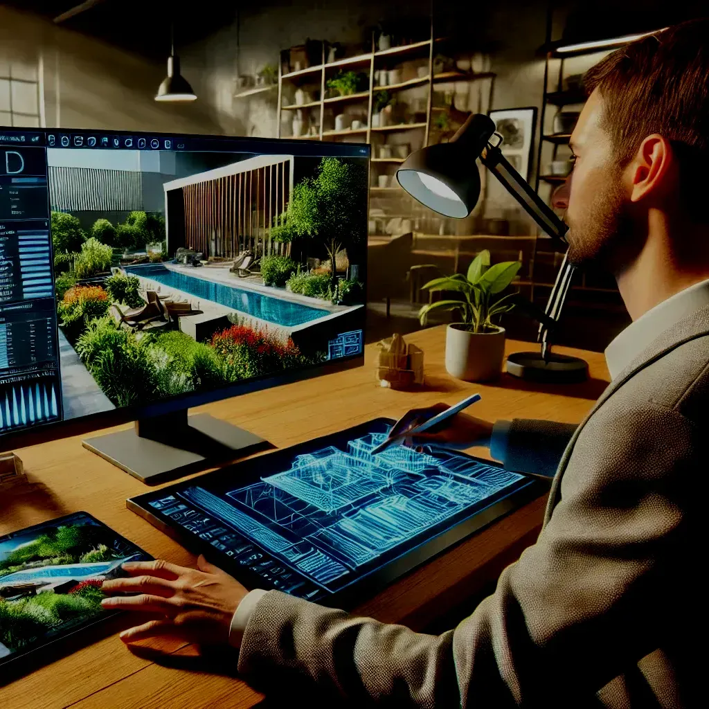 Man designs landscape on computer with tablet and monitor, at desk under a lamp in a modern office.