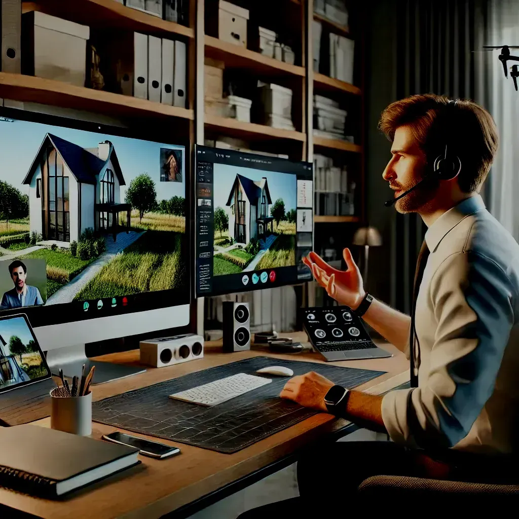 Man in a home office on a video call, presenting home designs on multiple screens; bookshelves in background.