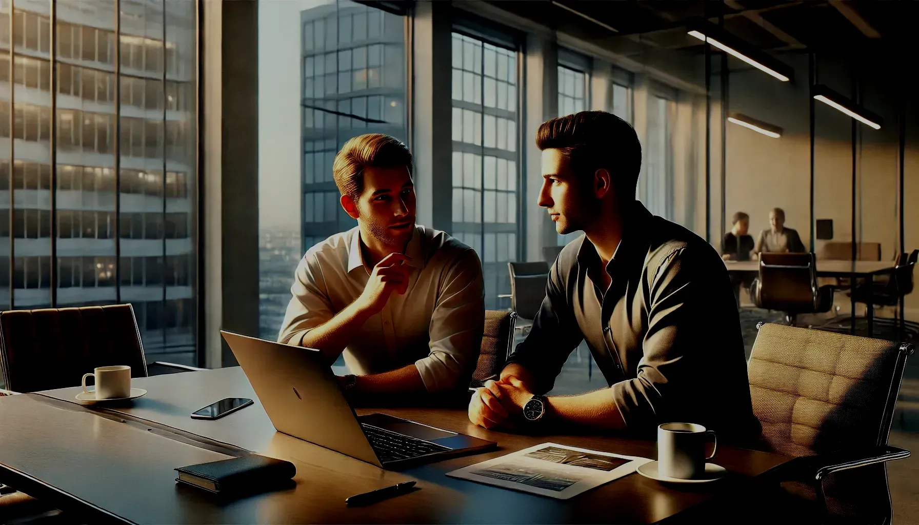 Two men in a modern office at a table with laptop. Skyscrapers and natural light in the background.