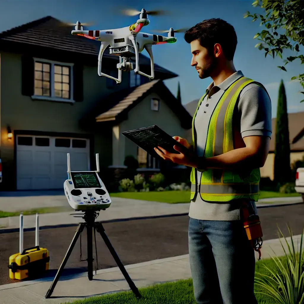 Man in vest operates drone over a house, using a tablet and remote control.  Suburban setting.