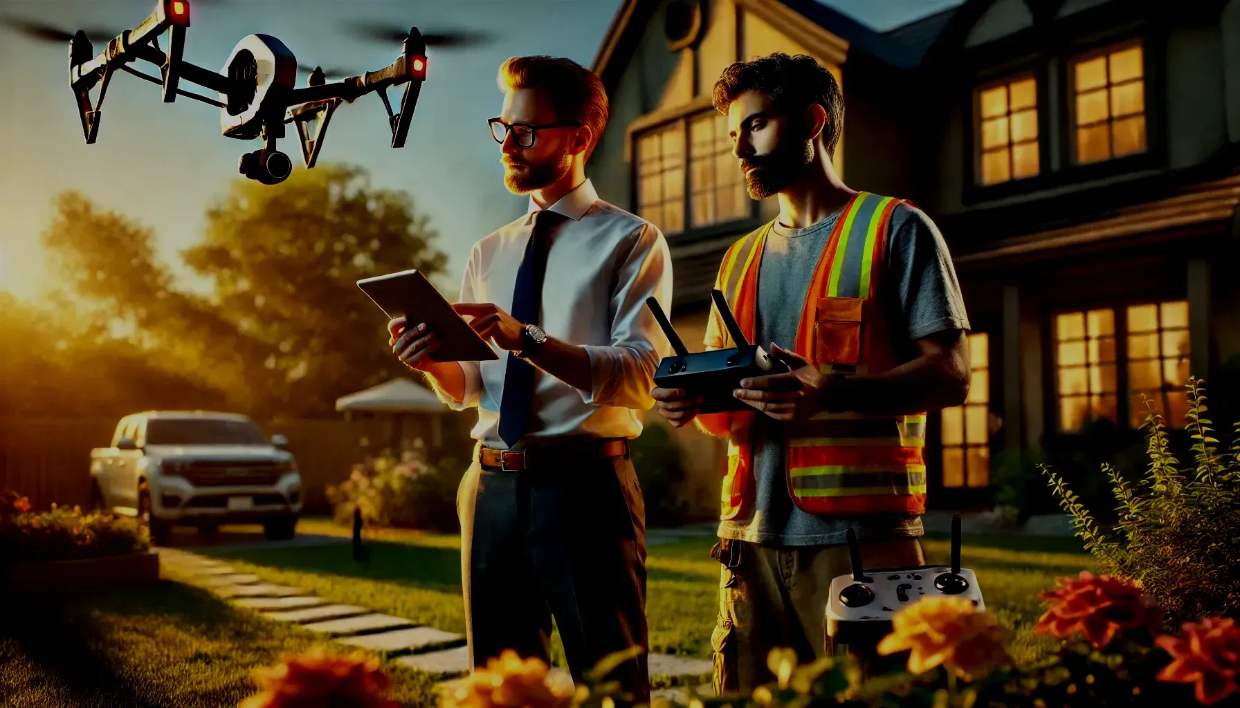 Two men using a drone for inspection near a house at sunset.