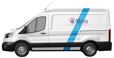 A white van with a blue stripe on the side.