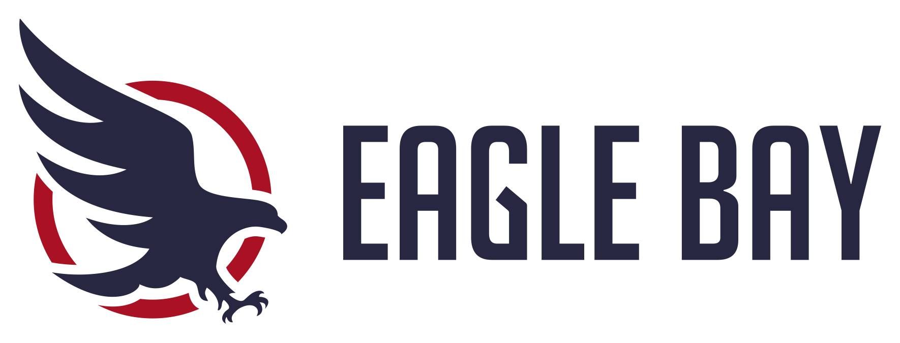 Logo of Eagle Bay: a dark blue eagle in a red circle, text