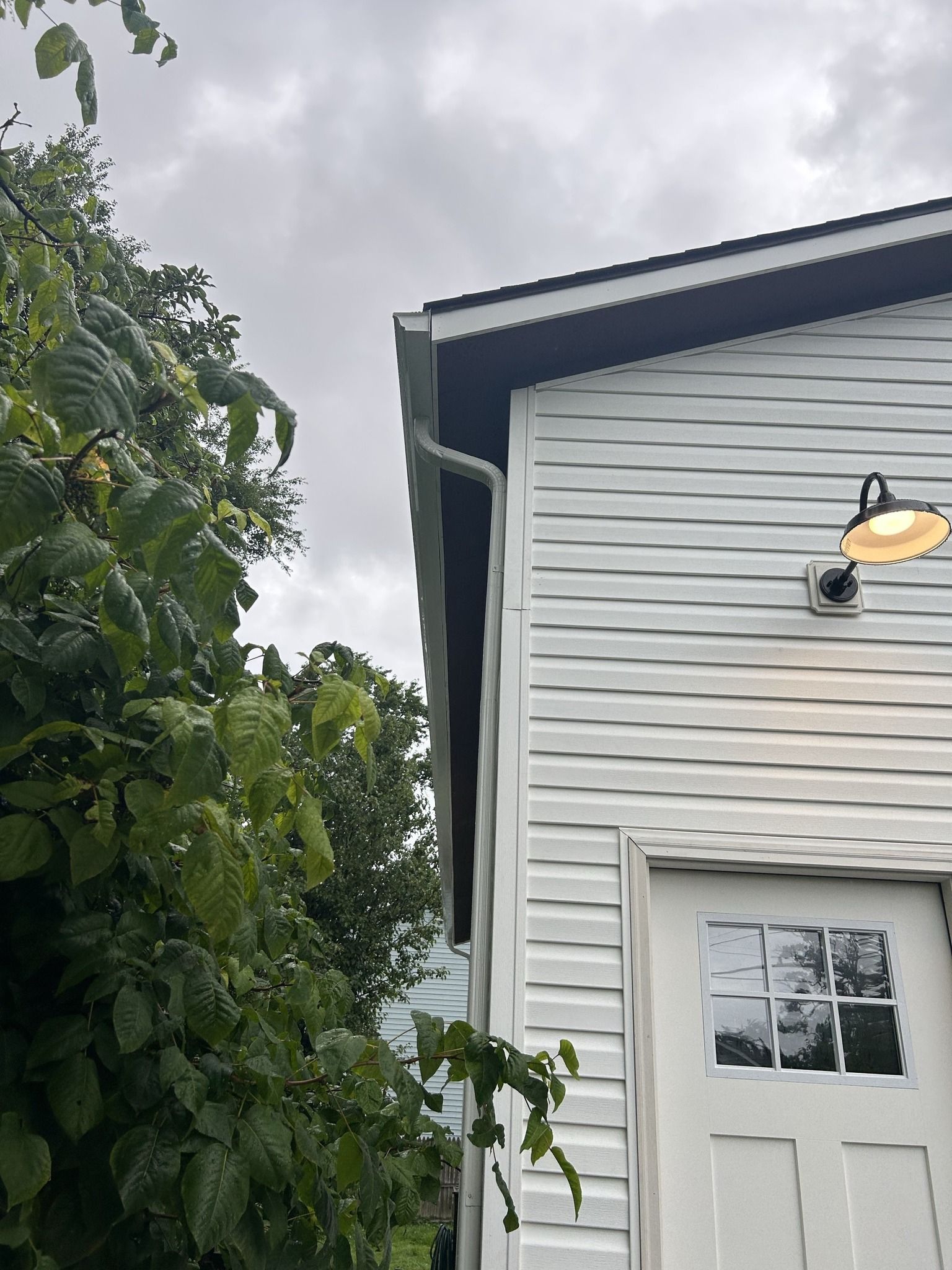 White building with dark trim, a door, and an outdoor light. Green foliage on the left. Cloudy sky.