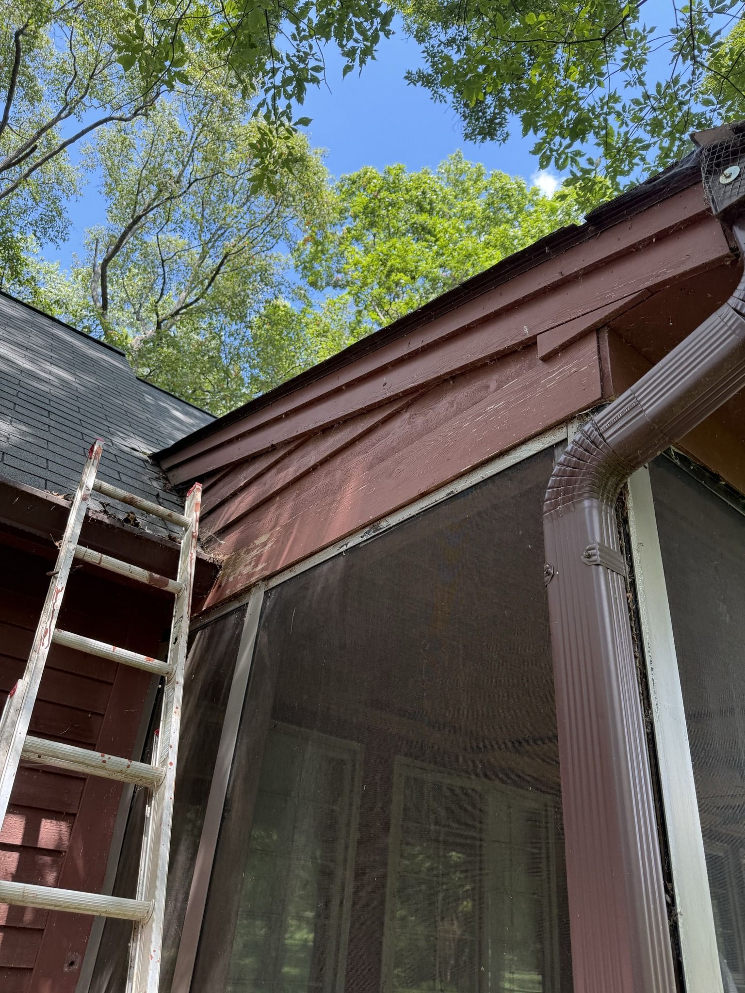 Brown building with ladder, visible roof details and screen windows, under a blue sky.