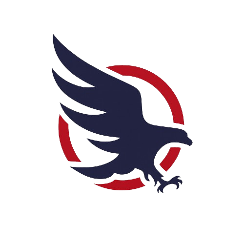 Blue eagle with outstretched wing, perched on a red circle.