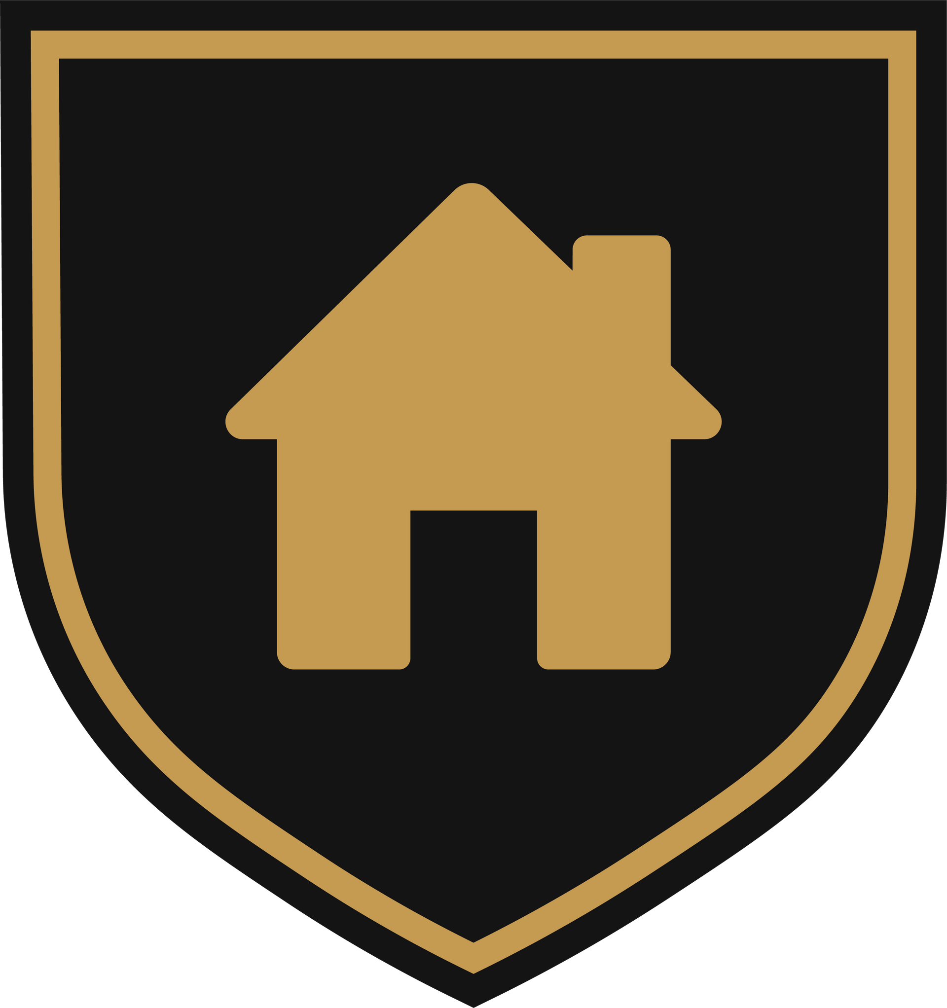 A tan house icon centered on a black shield with a tan border.