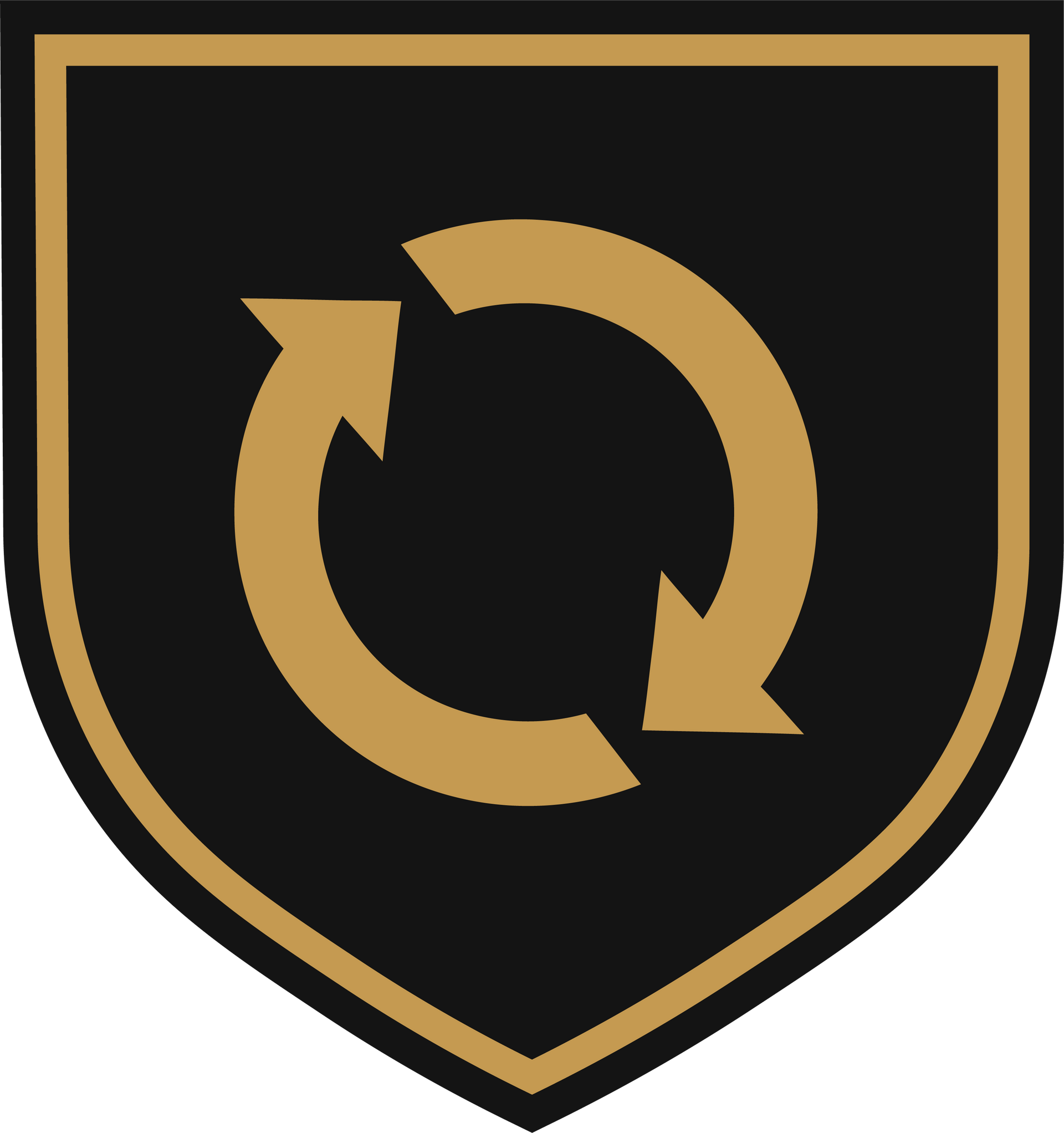 A tan, circular, two-arrow refresh icon centered inside a black shield outline with a tan border.