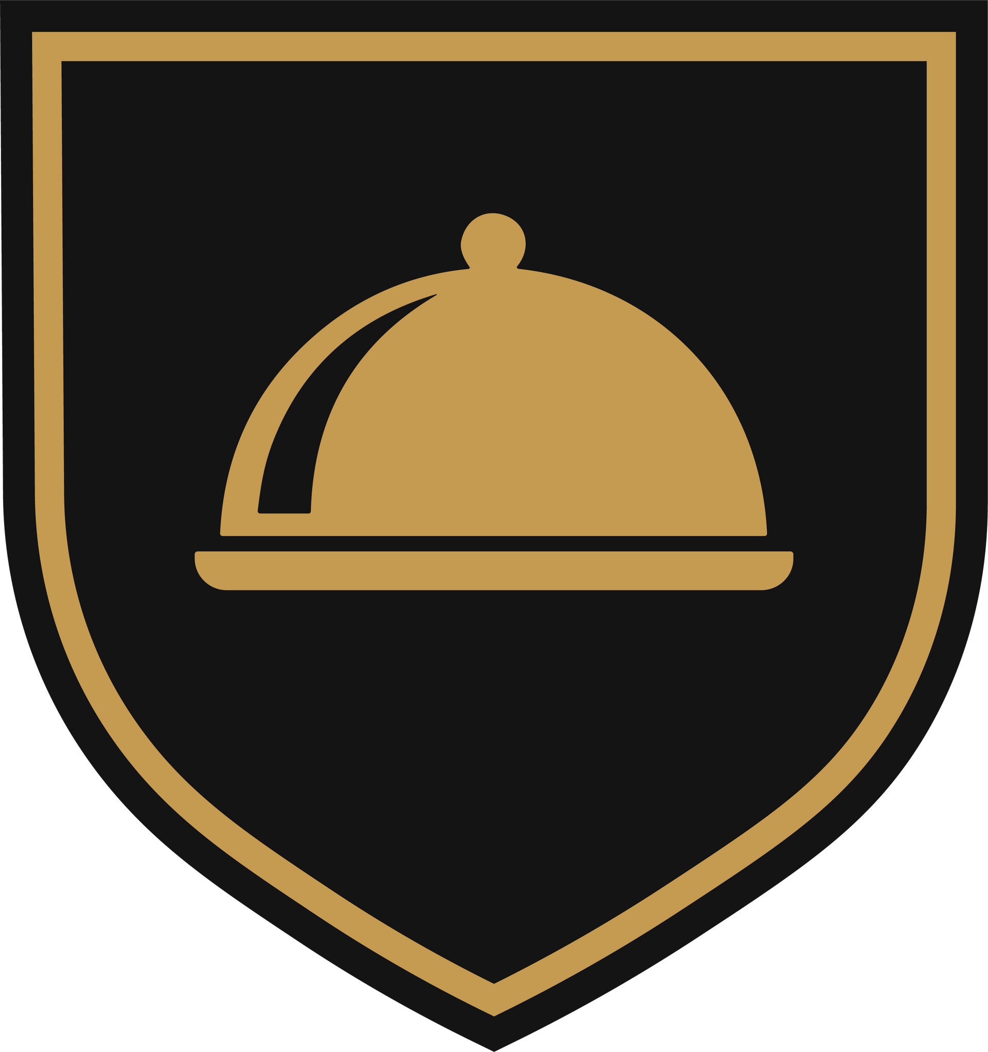 A gold-colored icon of a covered serving dish centered inside a black shield outline with a gold border.