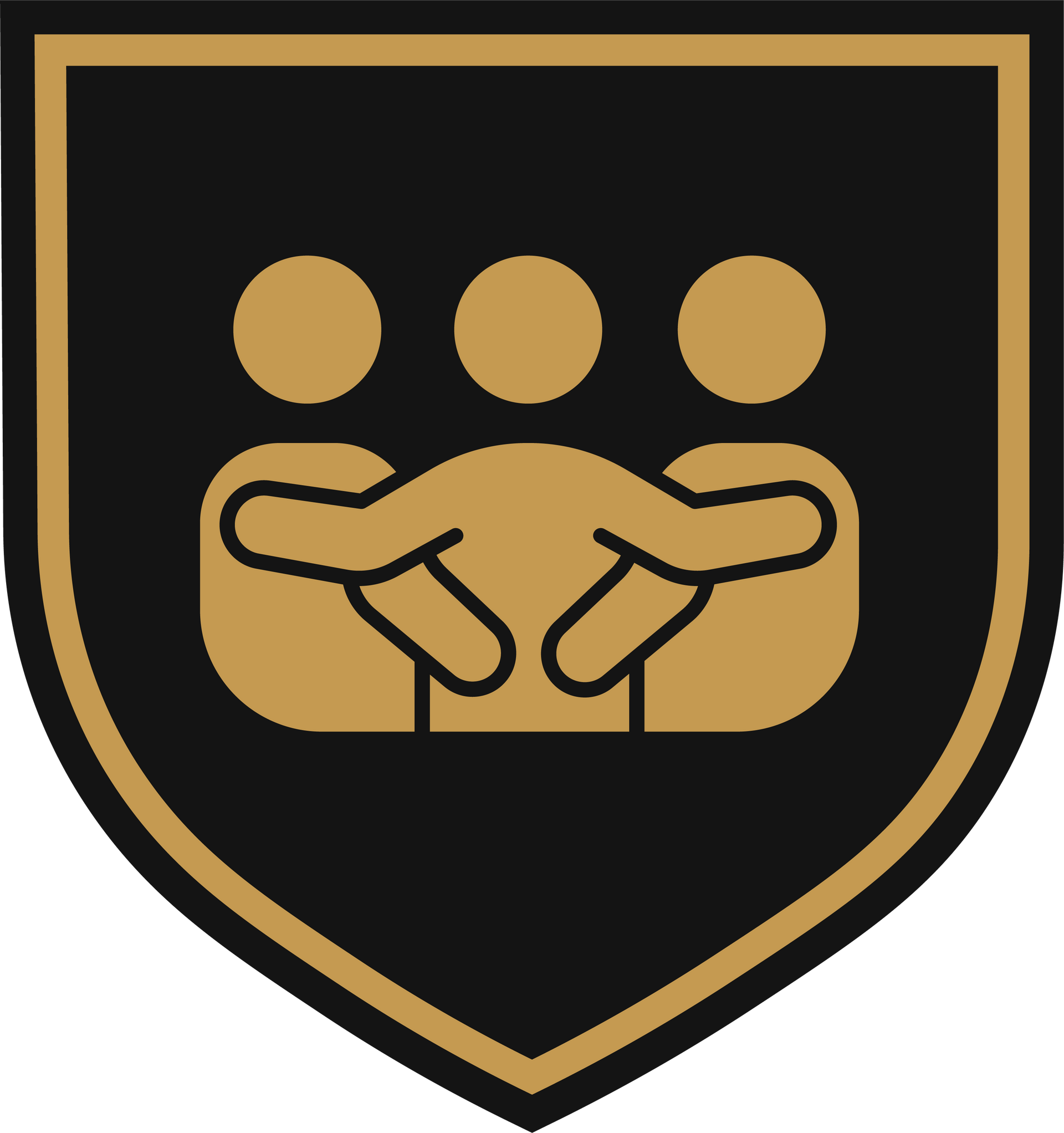 A gold-colored icon of three people hugging inside a black shield outline.