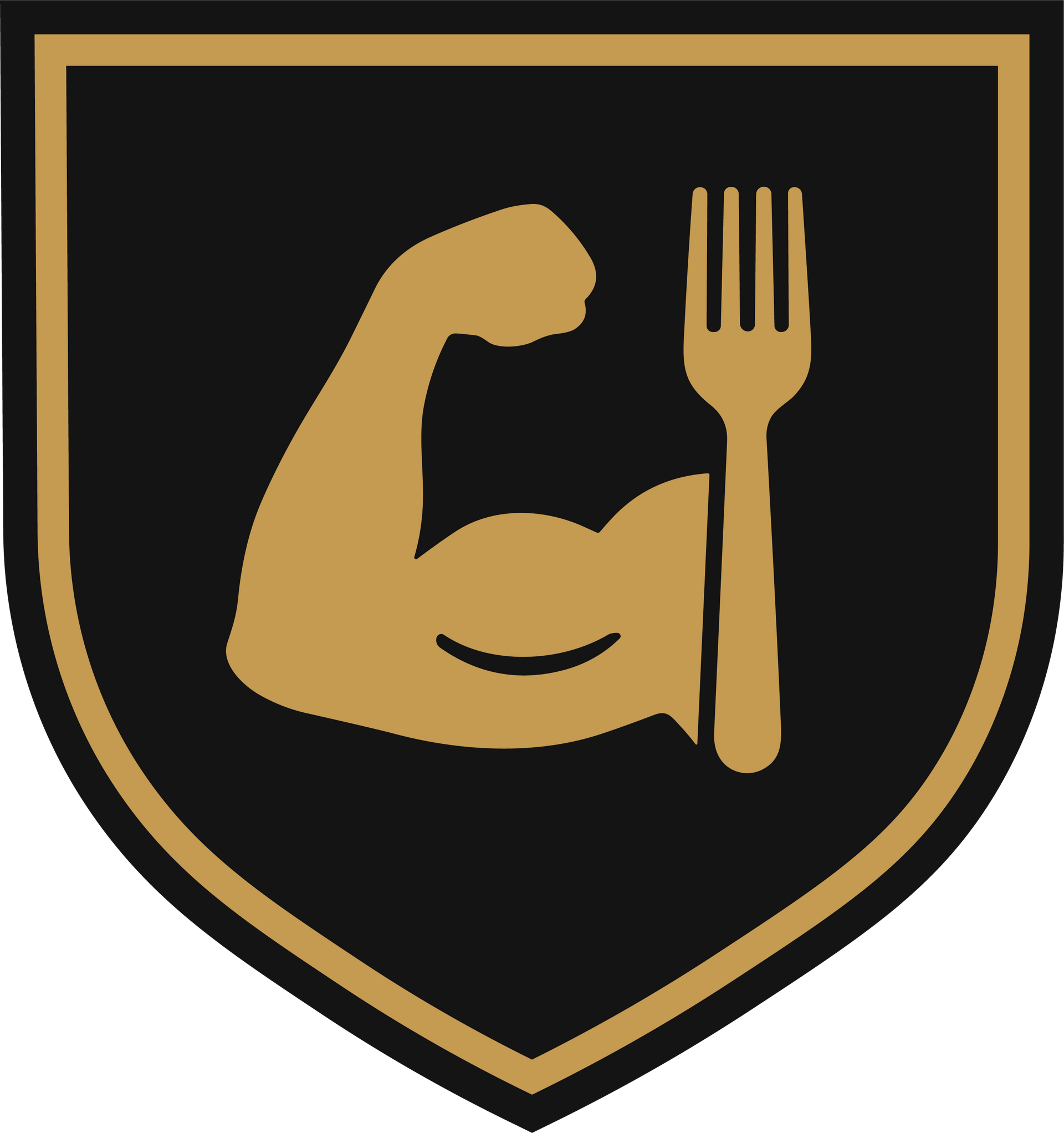 A gold-colored bicep flexing next to a fork, centered on a black shield with a gold border.