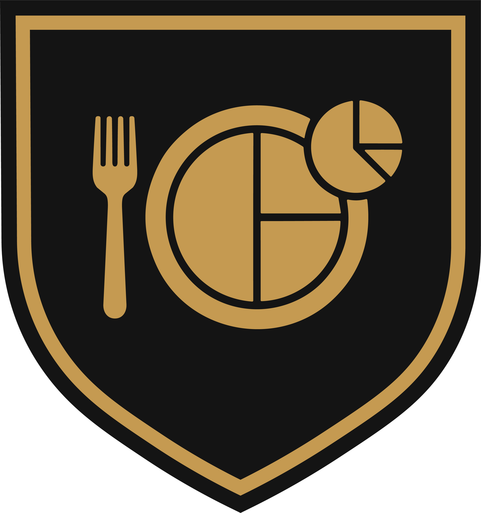 A black shield outline containing a gold fork and a divided plate icon with an overlapping pie chart graphic.