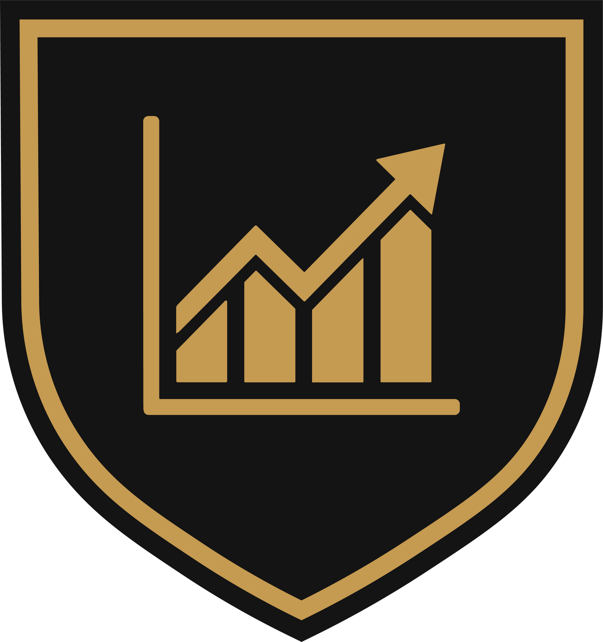 A gold-colored bar chart with an upward-trending arrow inside a black shield outline.