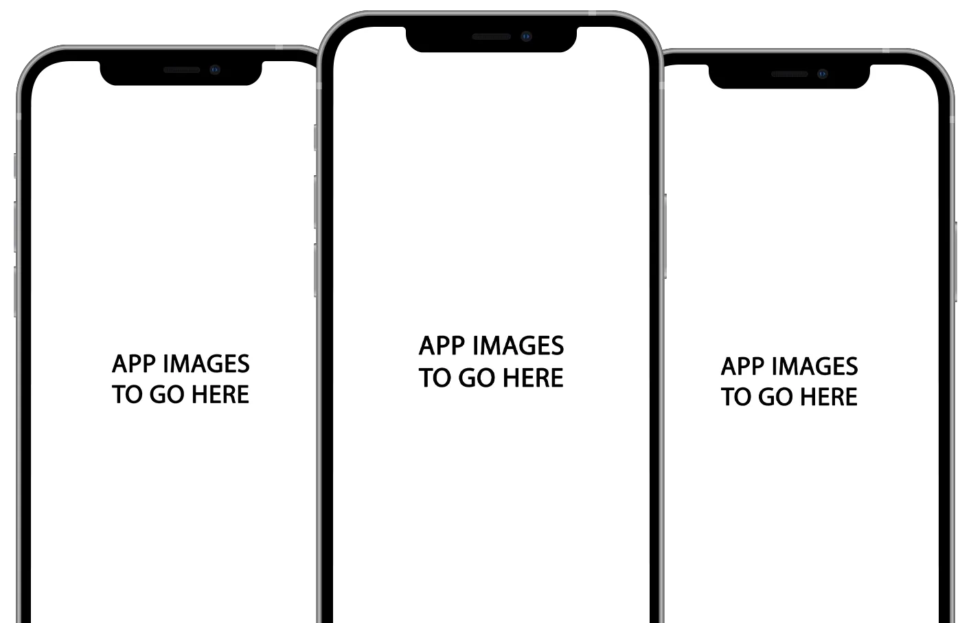 Three smartphone mockups in a row with blank white screens labeled 