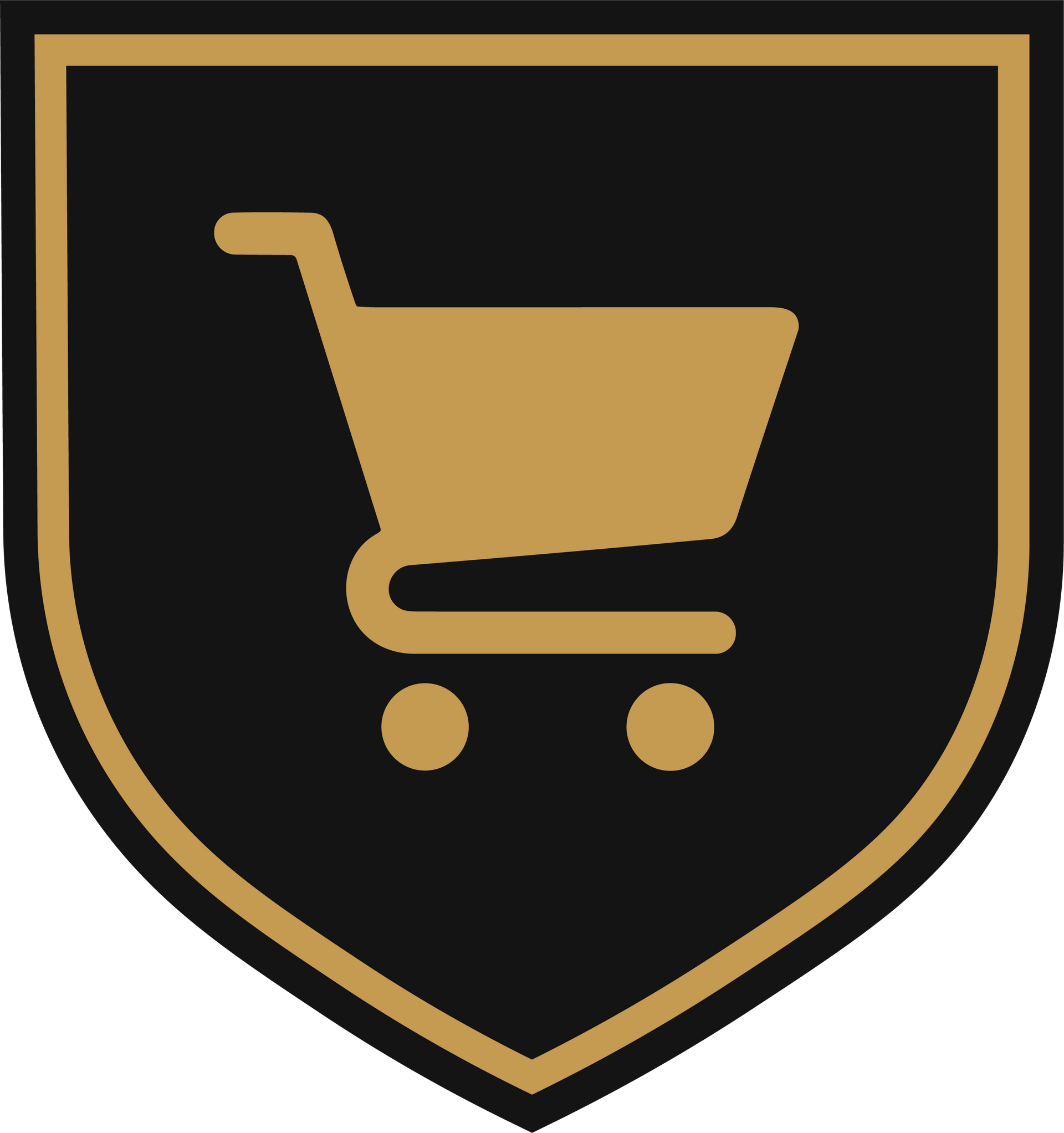 A gold shopping cart icon centered on a black shield-shaped background with a gold border.