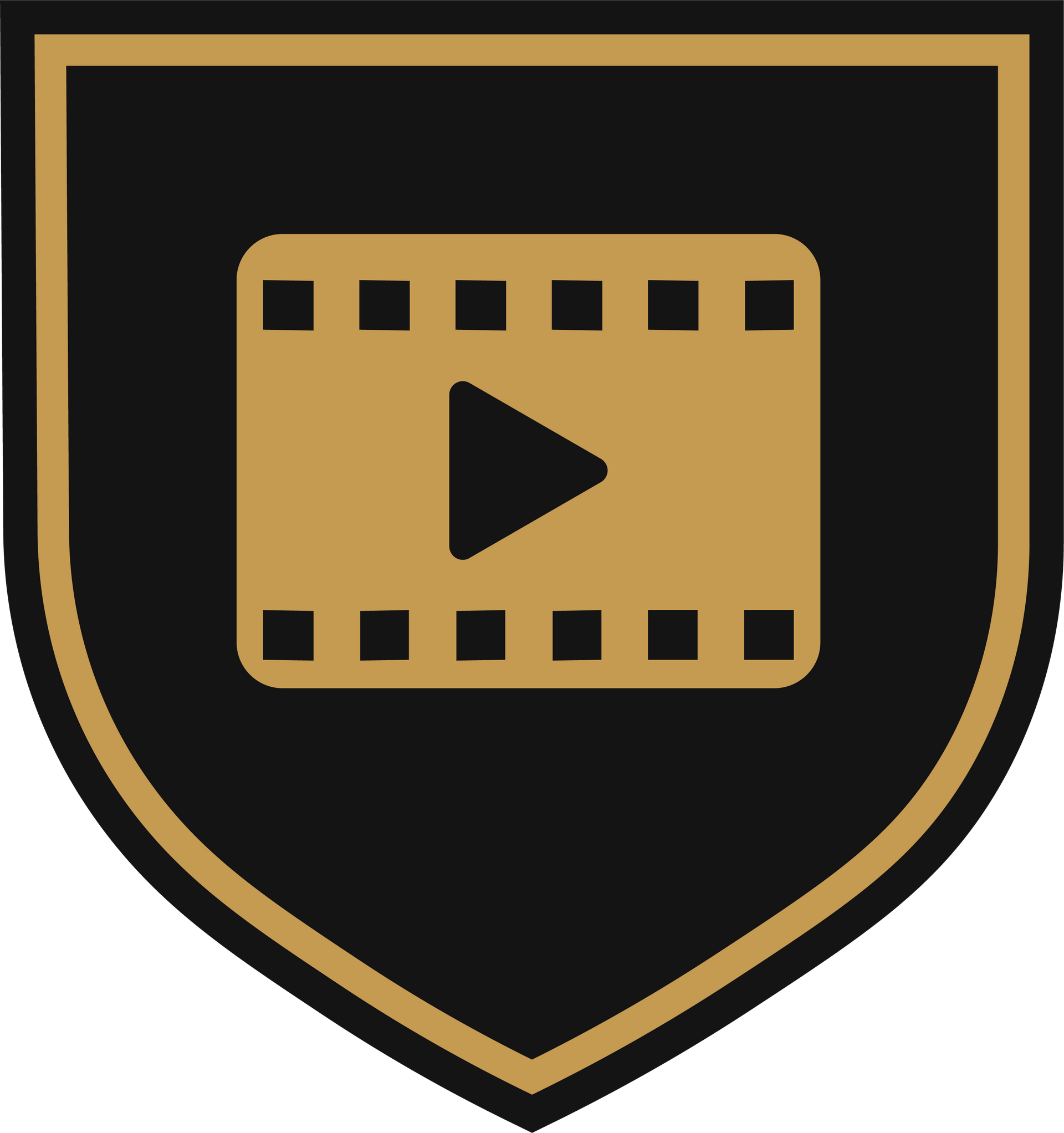 A gold-colored film strip icon with a play button inside, centered on a black shield background with a gold outline.