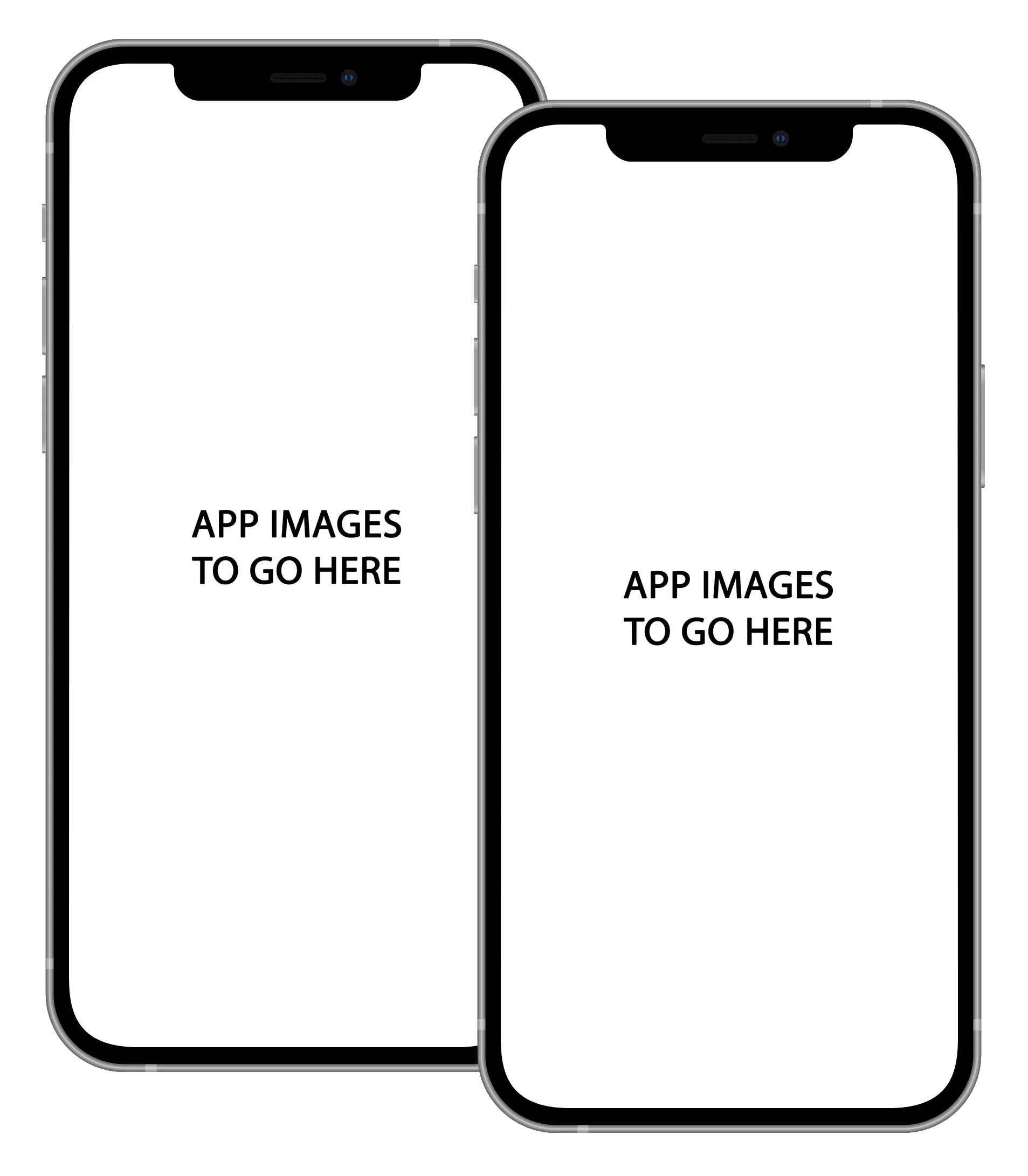Two empty smartphone frames positioned side-by-side, each featuring the text 