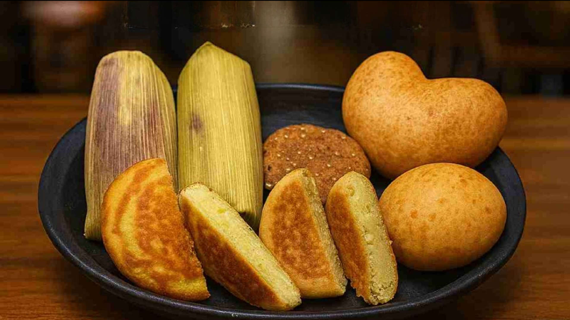 Amasijos boyacenses tradicionales como almojábanas, pan de yuca, envueltos y arepas servidos en mesa