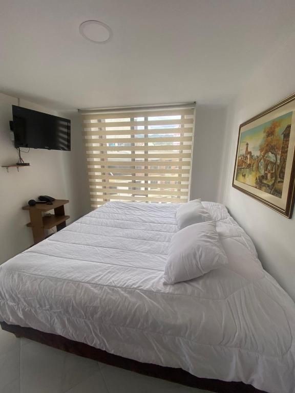 White-walled bedroom with bed, pillows, TV, window blinds, and painting.