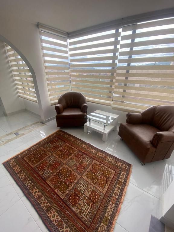 Two brown leather armchairs and a small table on a patterned rug in a room with a window.
