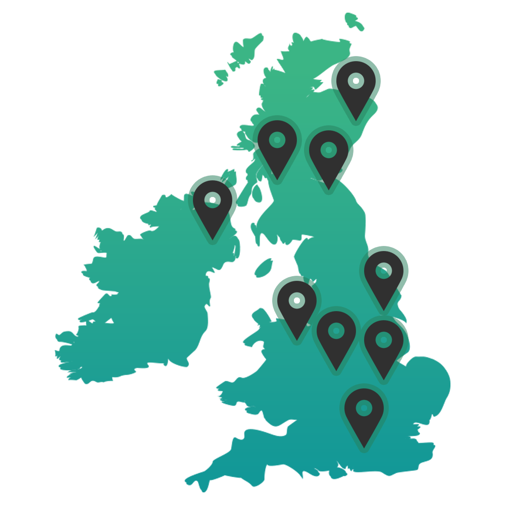 Map showing UK event locations covered by Expo Experts’ planning, design, logistics, and setup services