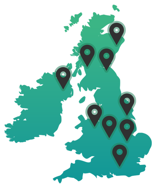 Map showing UK event locations covered by Expo Experts’ planning, design, logistics, and setup services