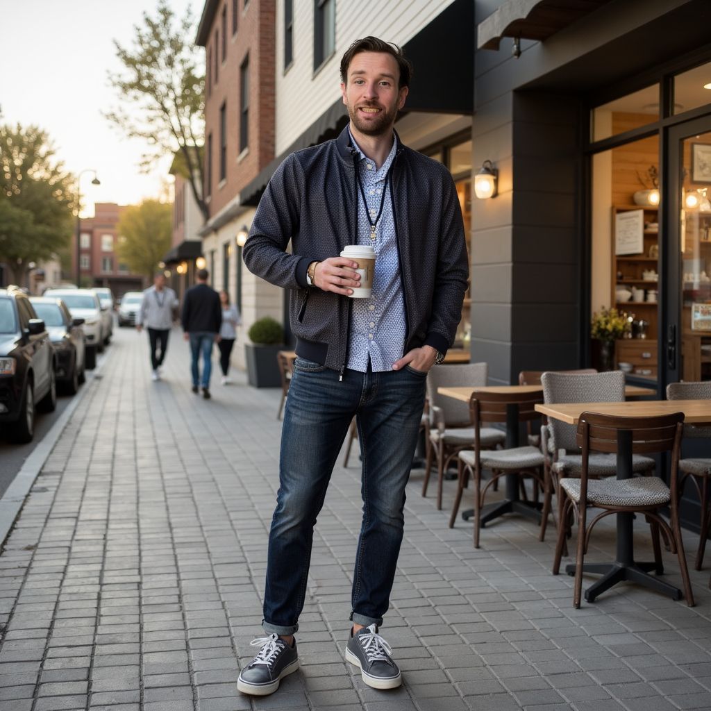 Man with coffee outside a cafe, wearing jacket, jeans, and sneakers on a brick sidewalk.