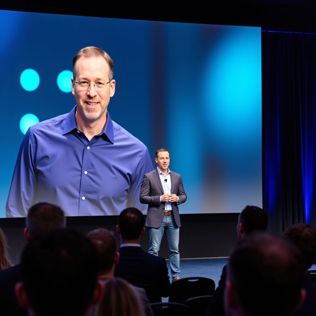 Man presenting at a conference, with his image on a large screen. Blue tones dominate the stage.
