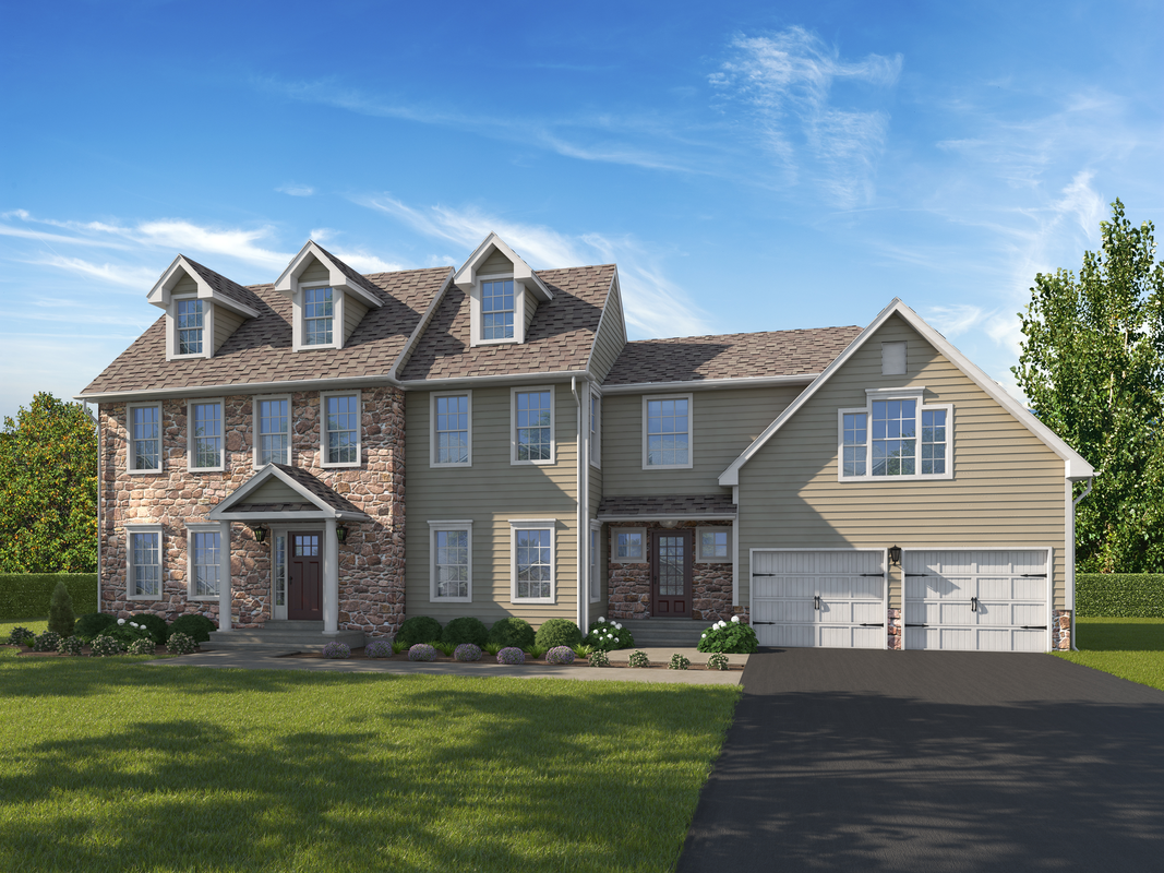 An artist 's impression of a large house with a garage.