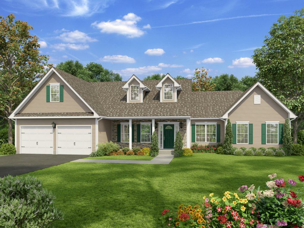 An artist 's impression of a house with green shutters