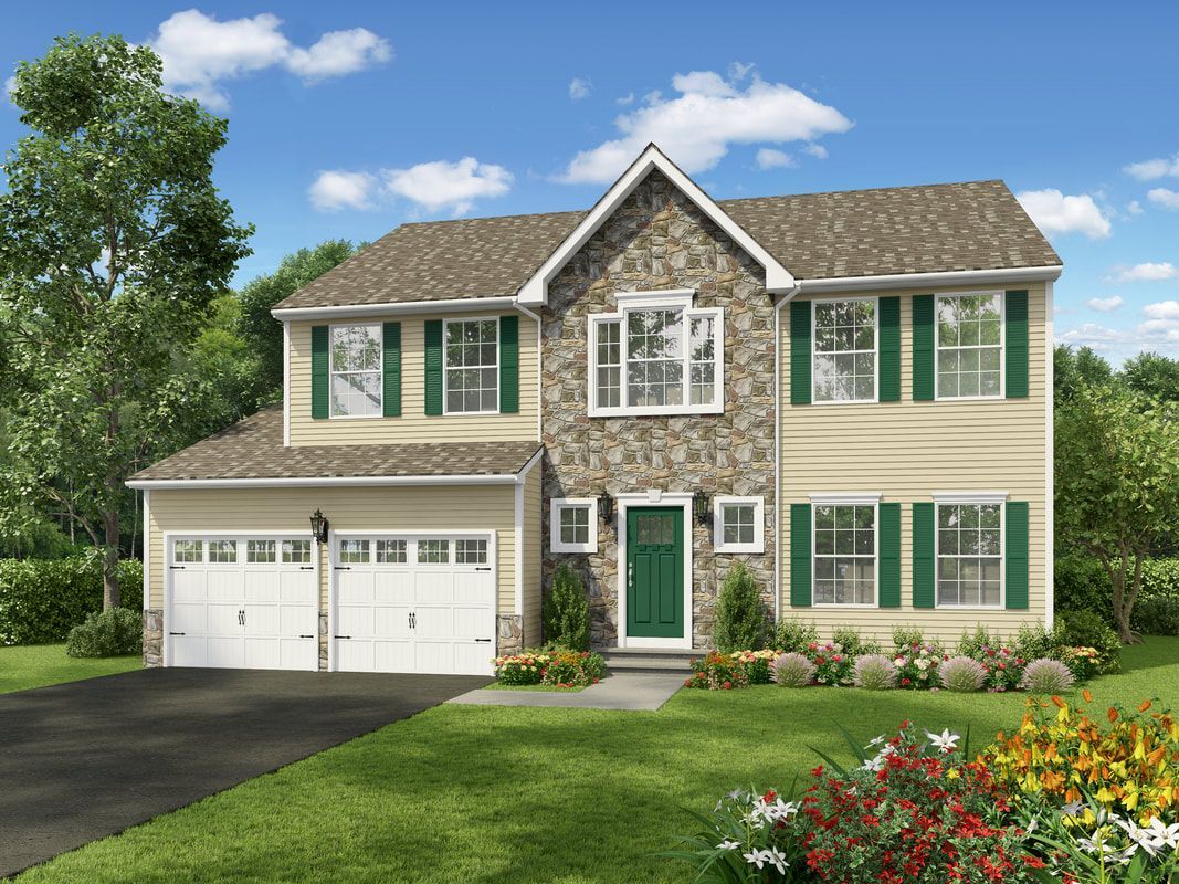 An artist 's impression of a house with a stone facade and green shutters.