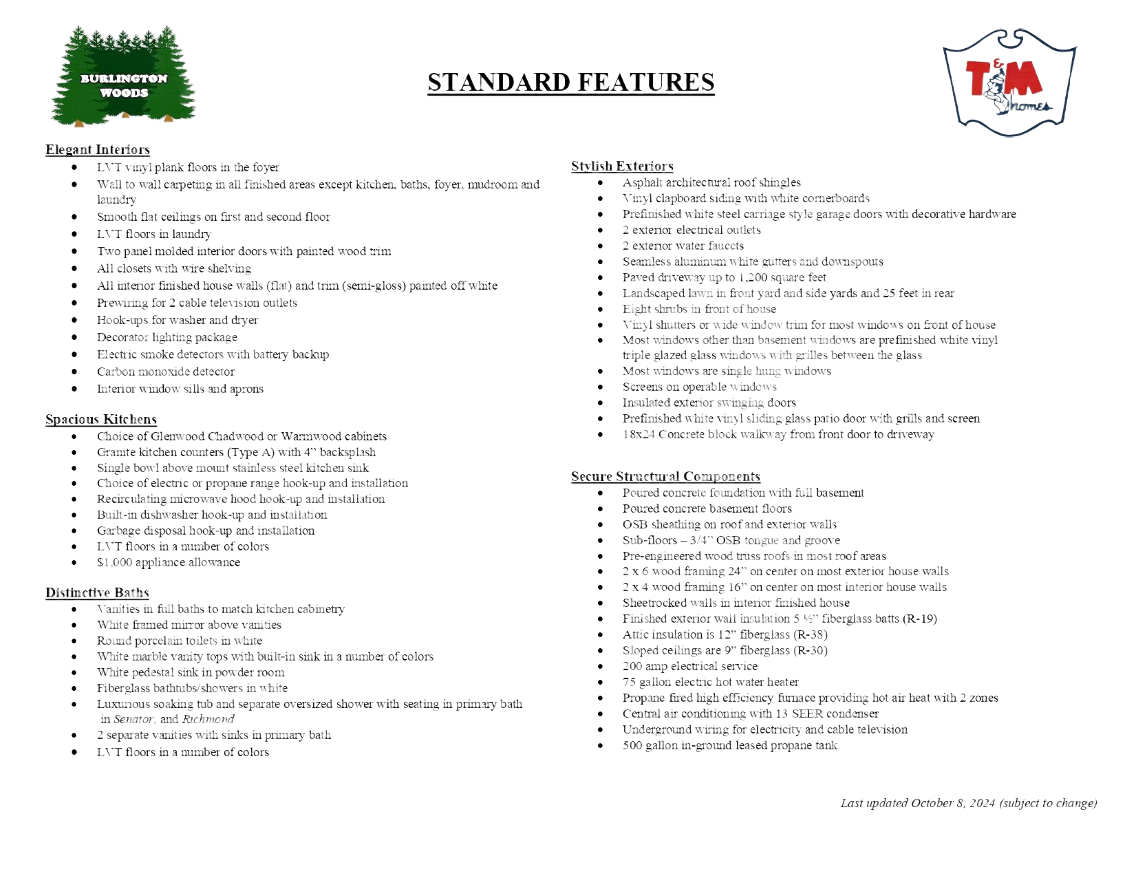 A sheet of paper with a list of standard features on it