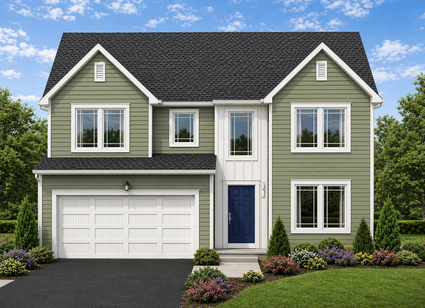 A black and white drawing of a house with a garage and a front elevation.