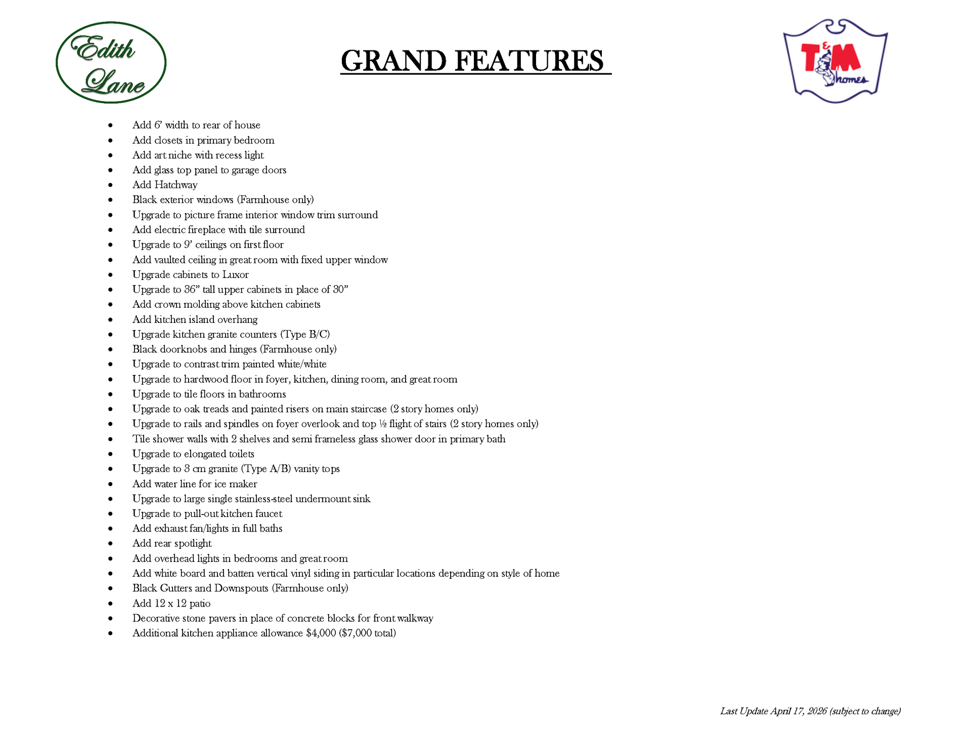 A white sheet of paper with a list of grand features on it.
