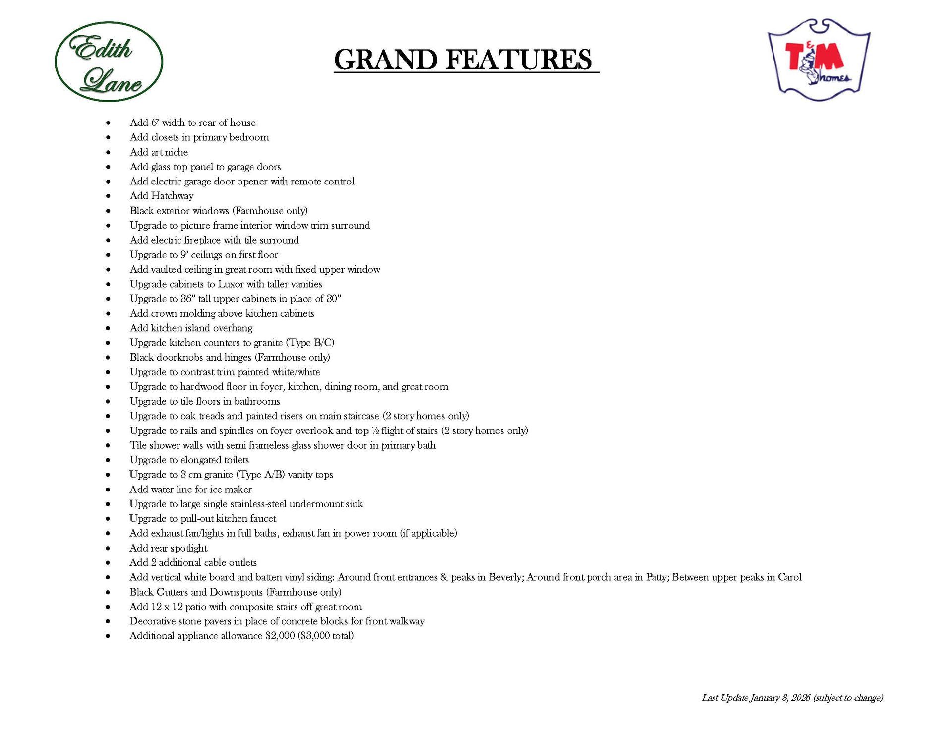 A white sheet of paper with a list of grand features on it.