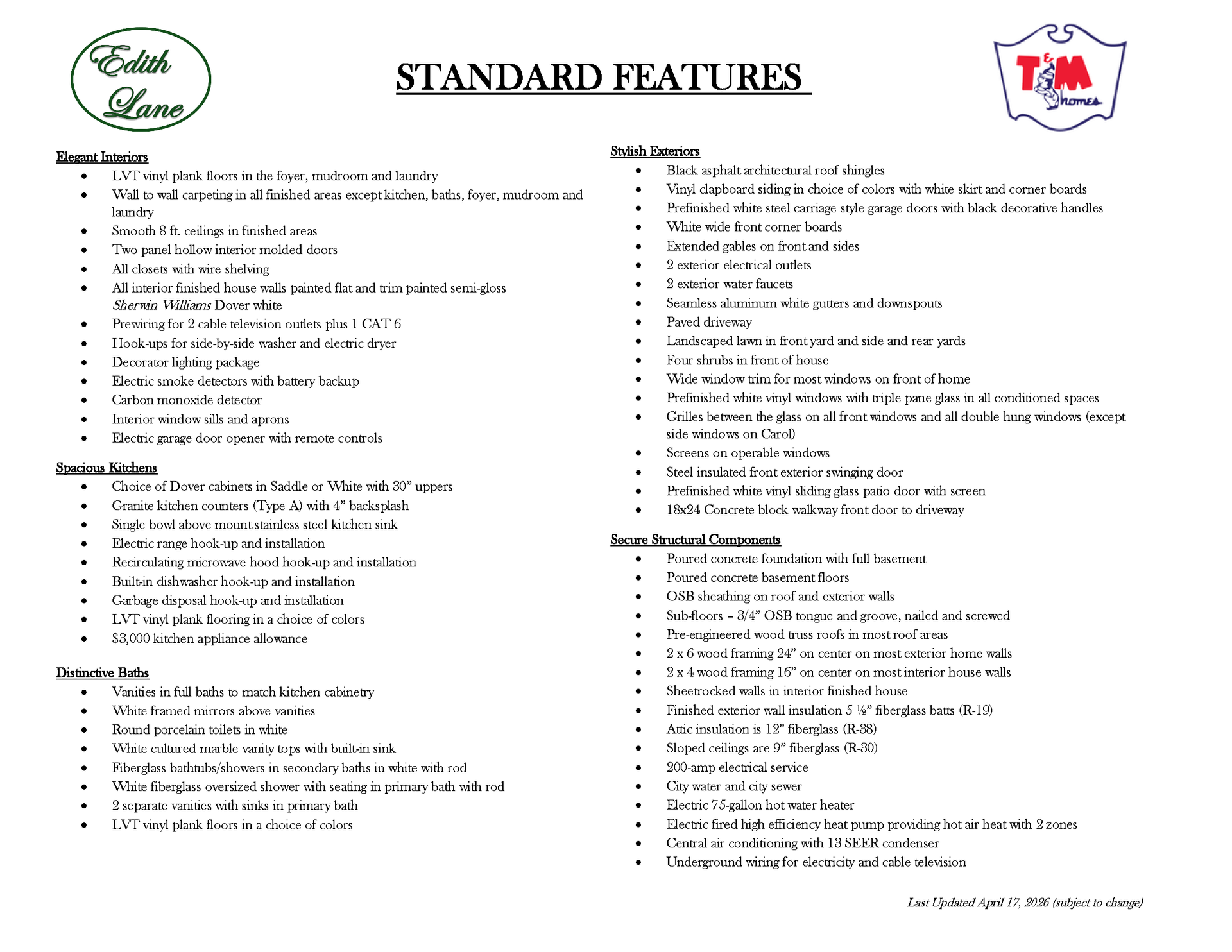 A sheet of paper with a list of standard features on it.