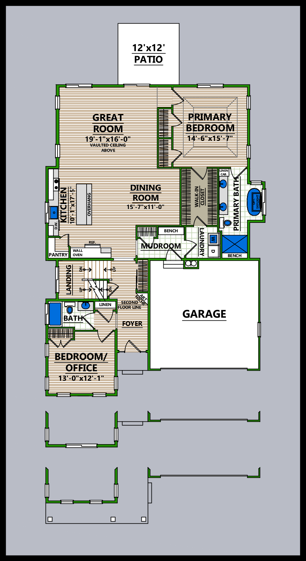 A floor plan of a house with a two car garage