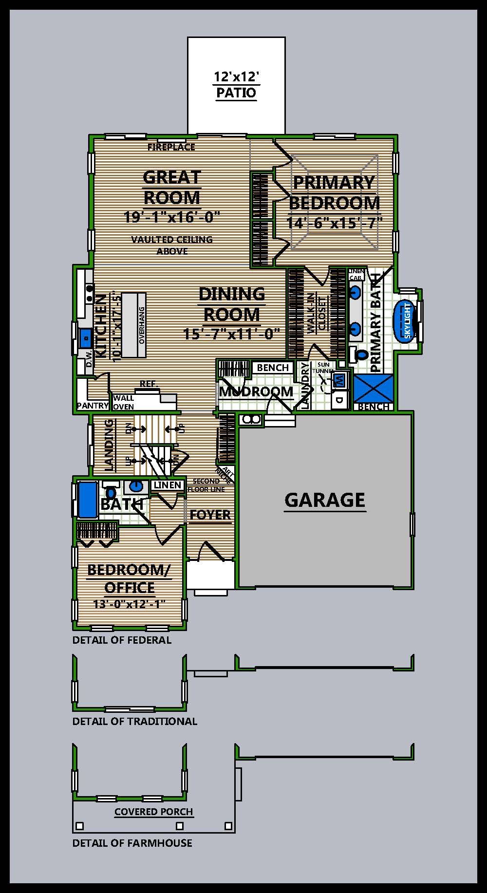 A floor plan of a house with a two car garage