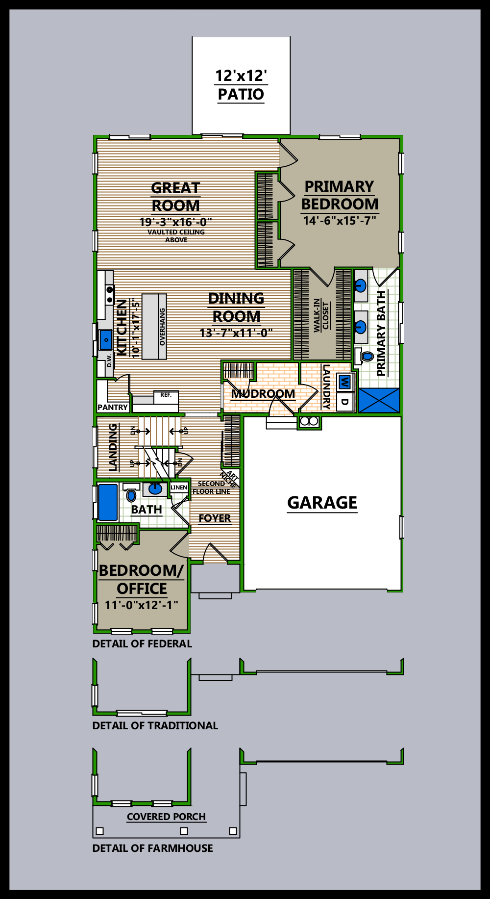 A floor plan of a house with a two car garage
