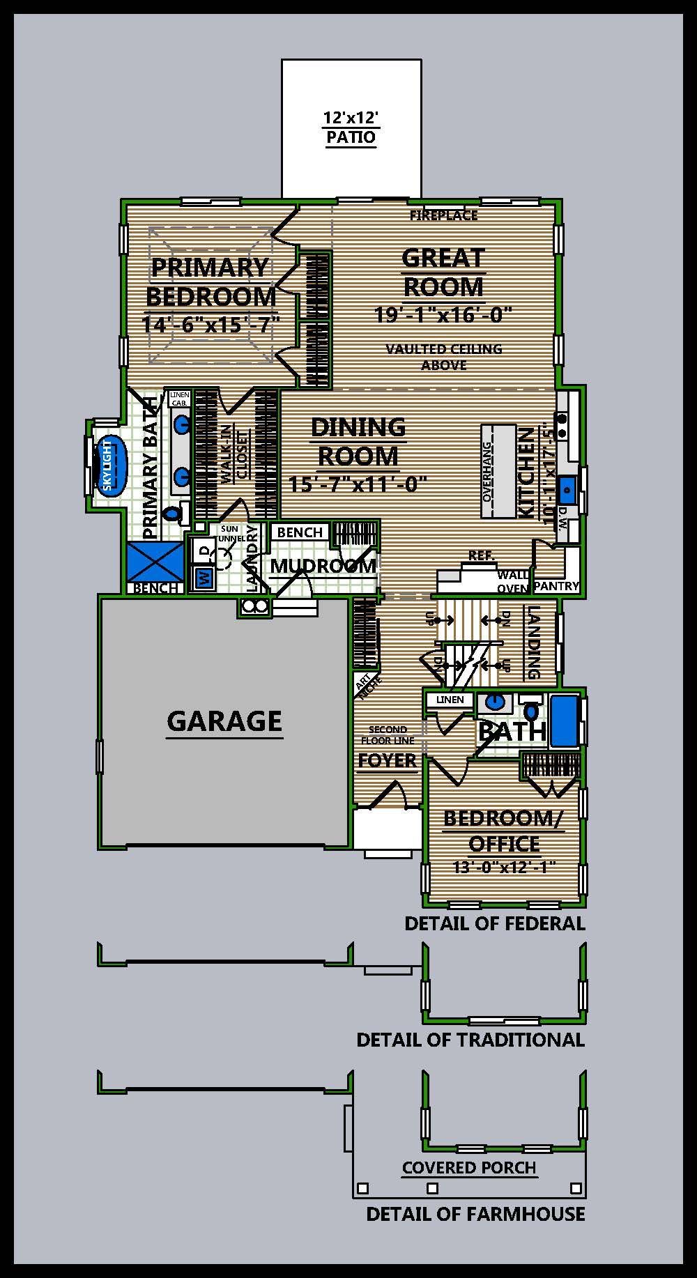 A floor plan of a house with a two car garage