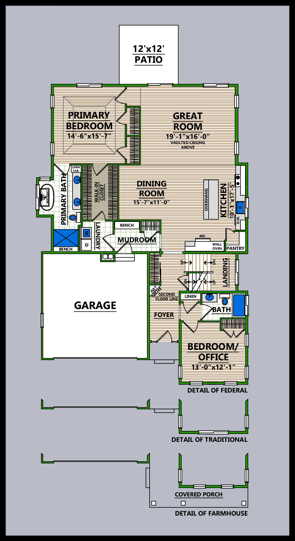 A floor plan of a house with a two car garage
