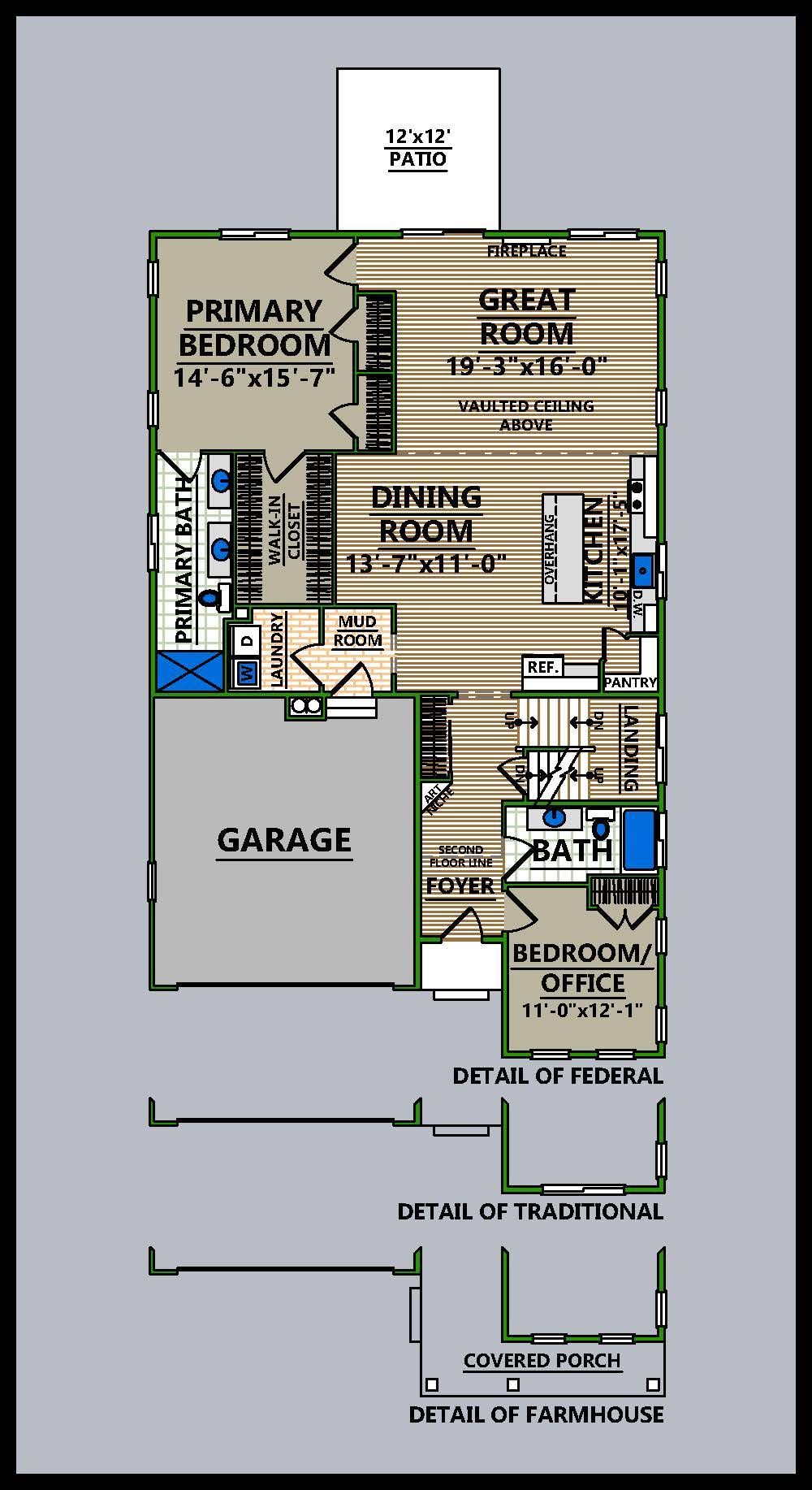 A floor plan of a house with a two car garage
