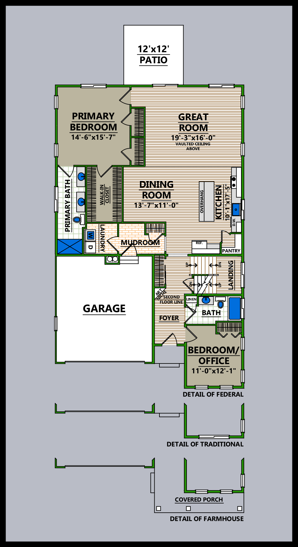 A floor plan of a house with a two car garage